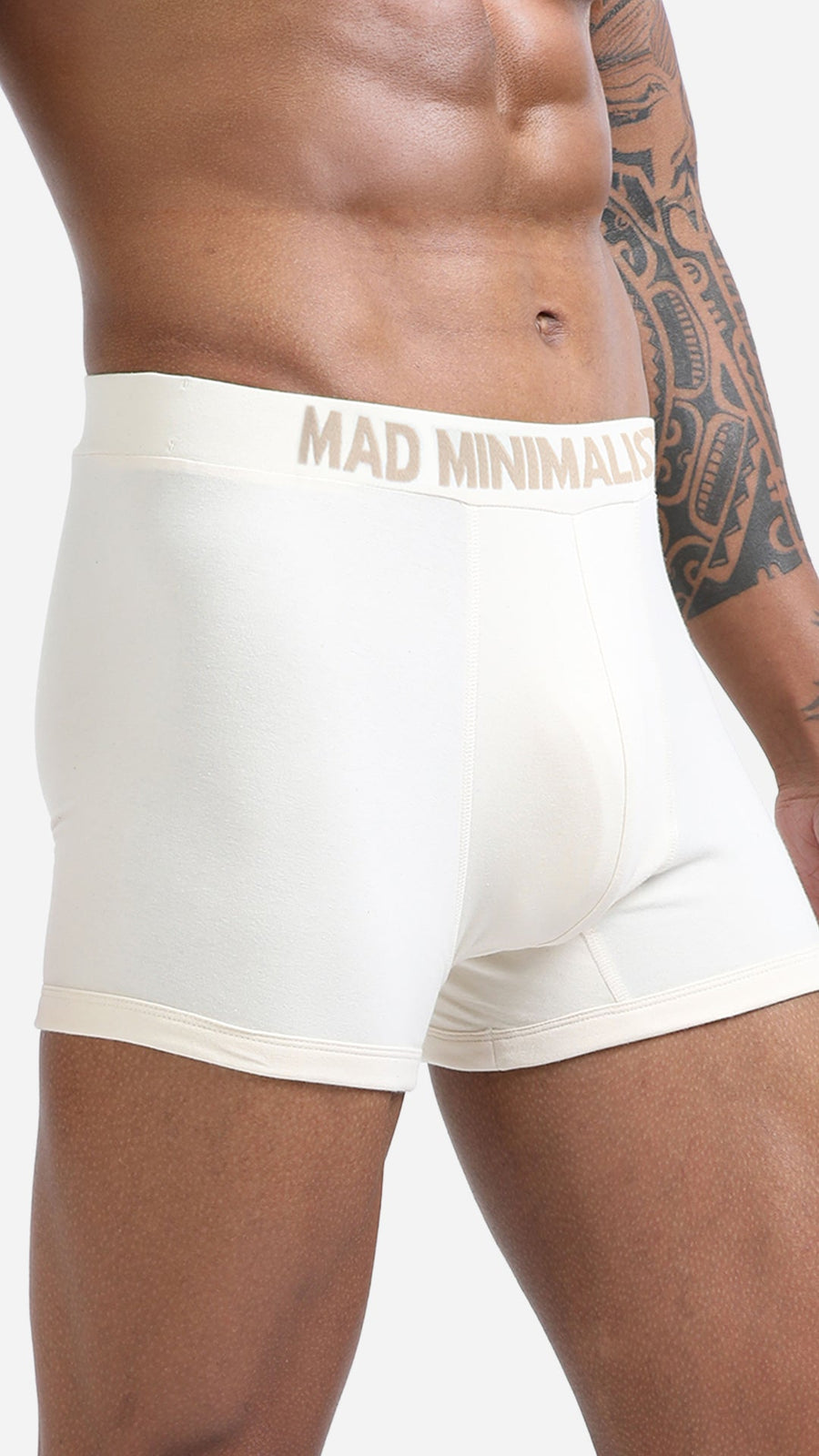 Close-up of an organic cotton trunk waistband and un-dyed cotton weave